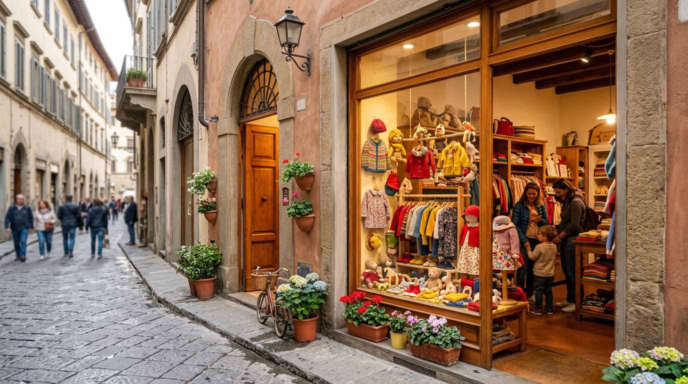 Vetrina di boutique per bambini a Firenze con vestiti colorati esposti