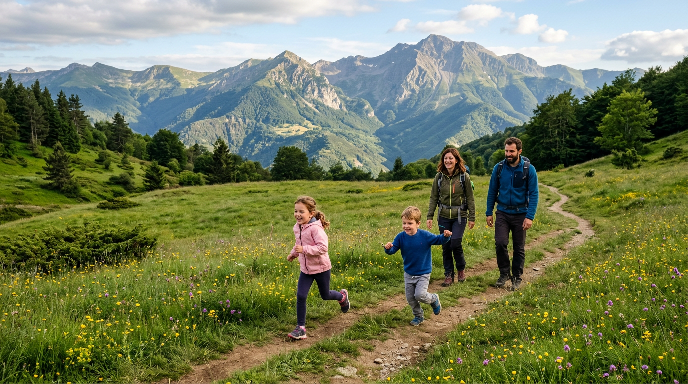 Famiglia con bambini ad Abetone tra i boschi in estate