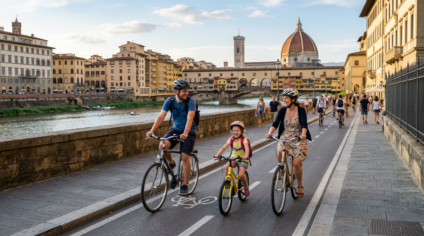 Famiglia in bicicletta lungo il Lungarno di Firenze