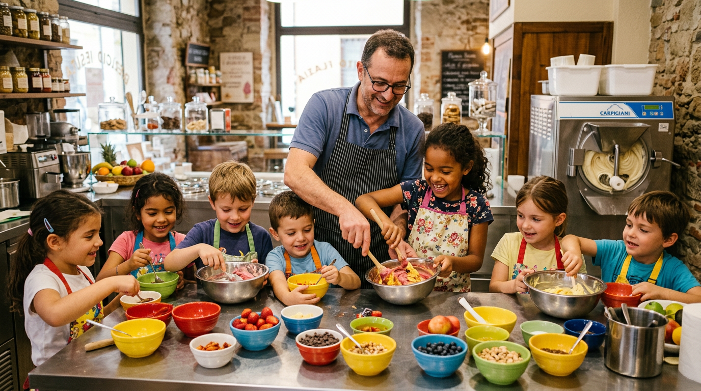 Bambini che imparano a fare il gelato artigianale in una gelateria fiorentina
