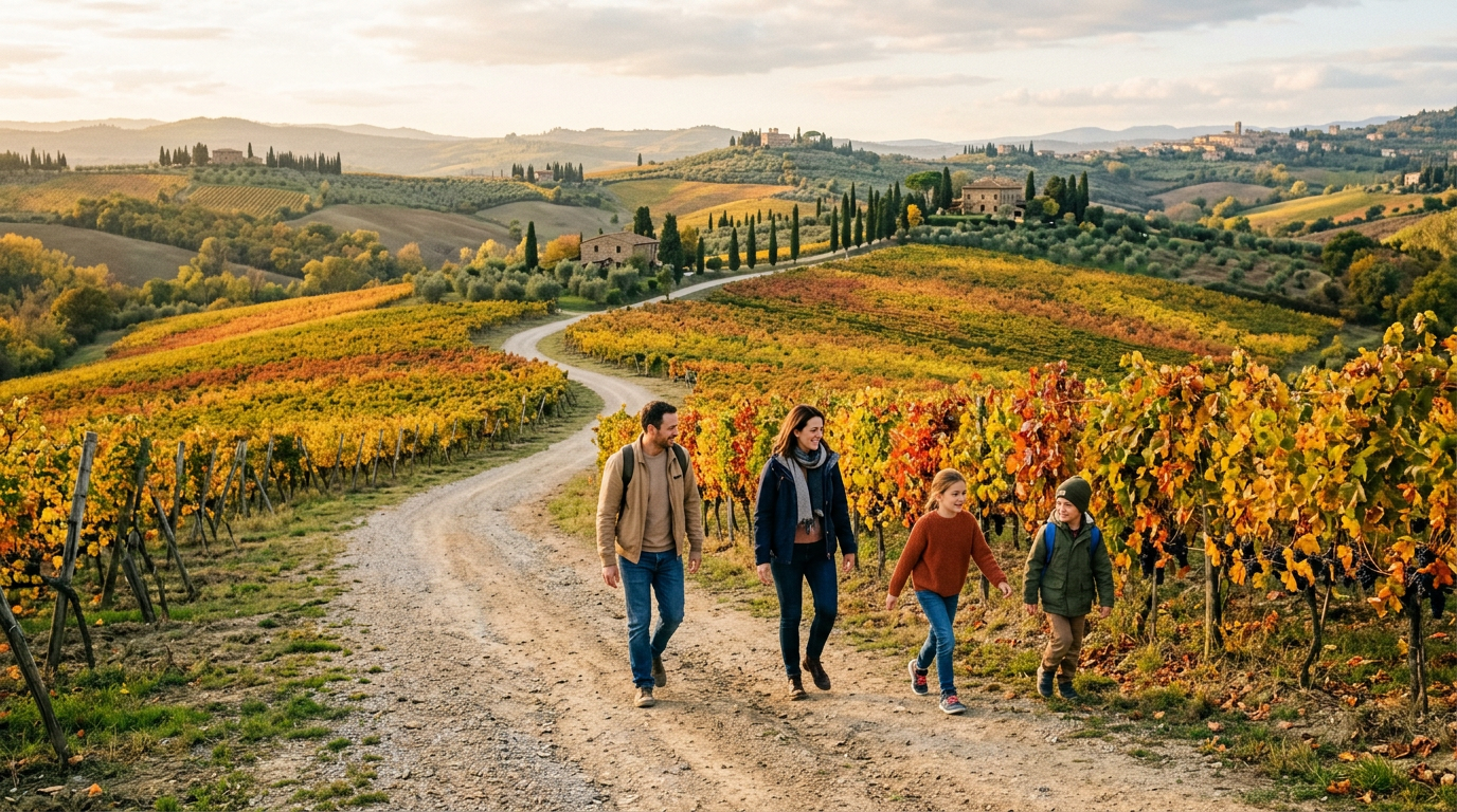 Colline del Chianti con vigneti e cipressi visti da una strada bianca