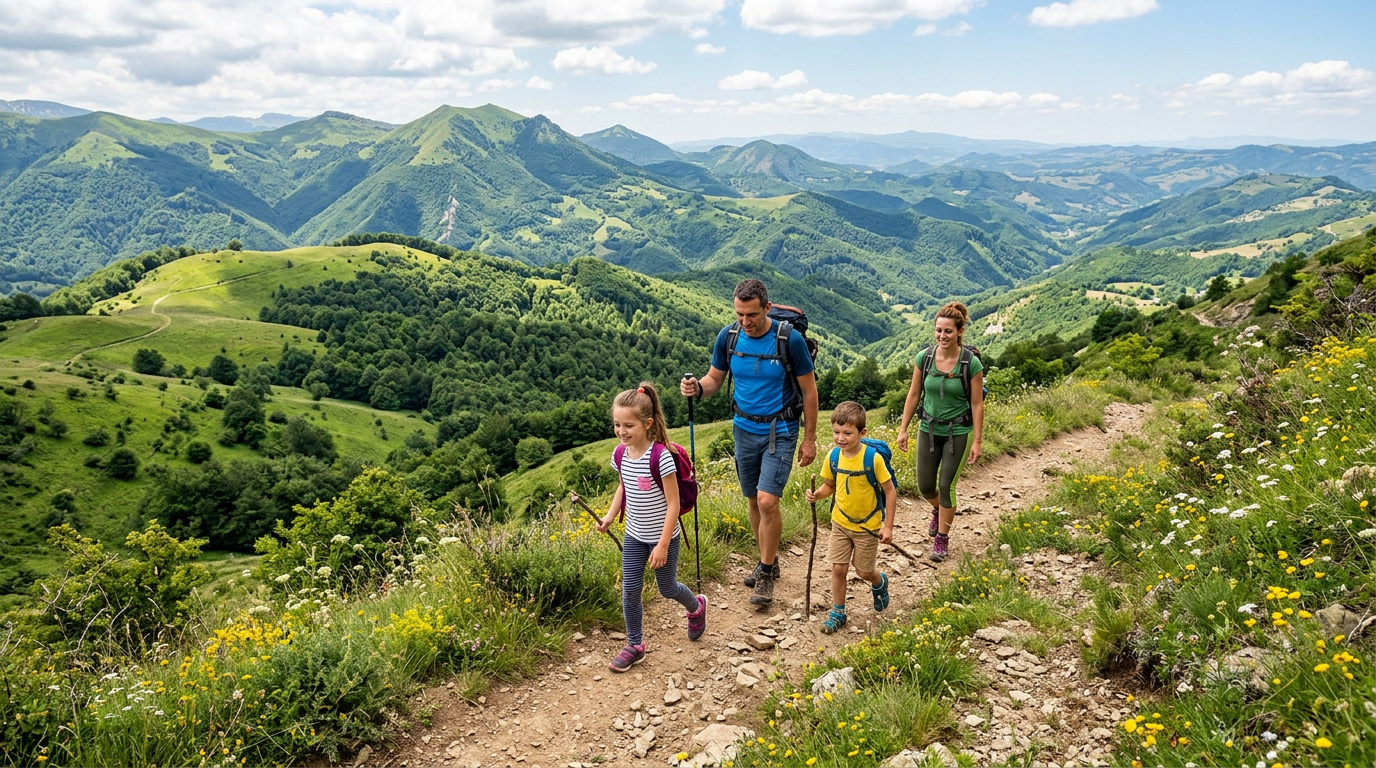 Bosco di abeti in Toscana con sentiero e bambini che camminano