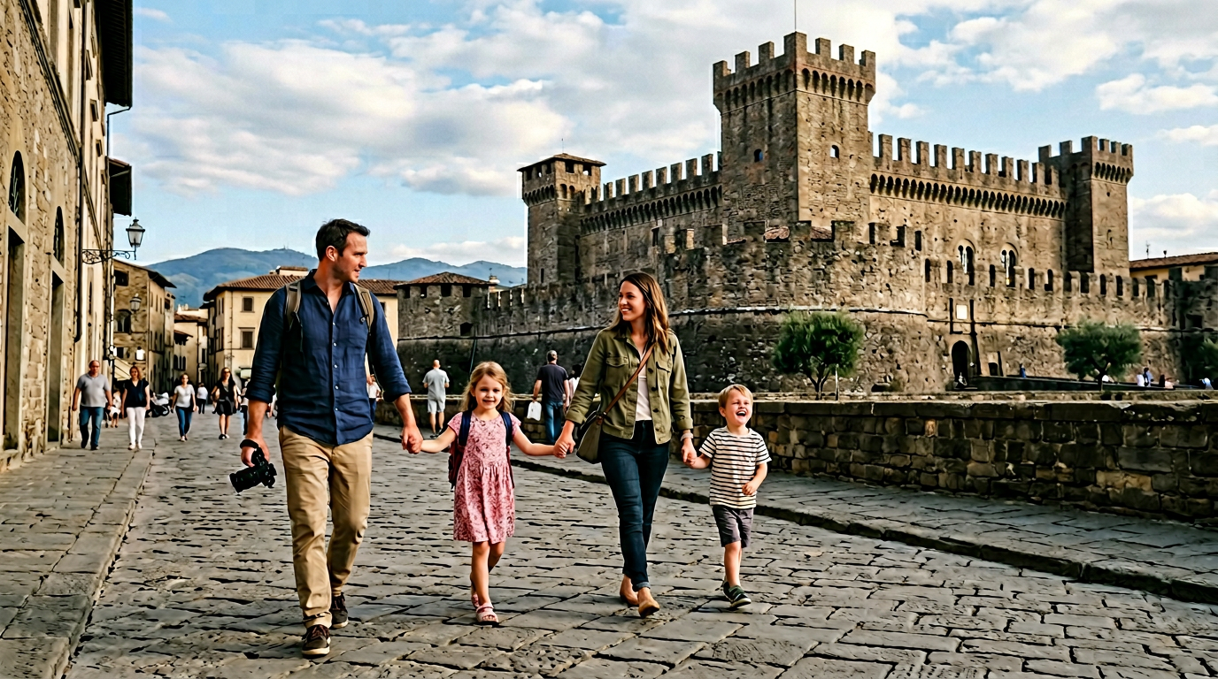Famiglia con bambini davanti al Castello dell'Imperatore di Prato