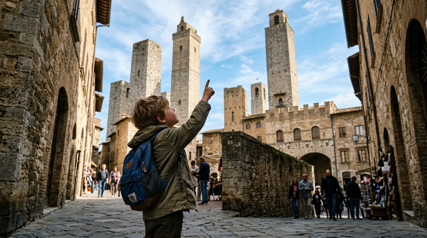 Le torri medievali di San Gimignano viste dal basso in una giornata limpida