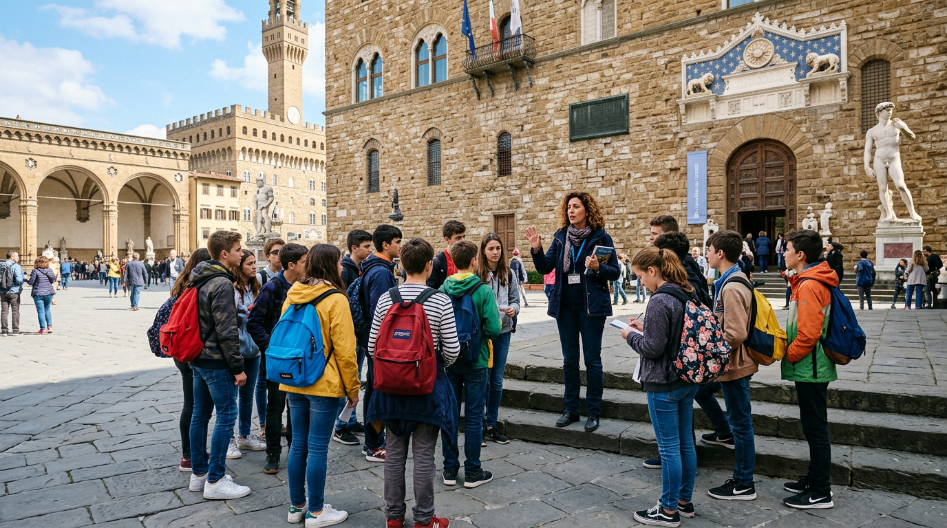 Bambini in visita scolastica davanti agli Uffizi a Firenze con guida