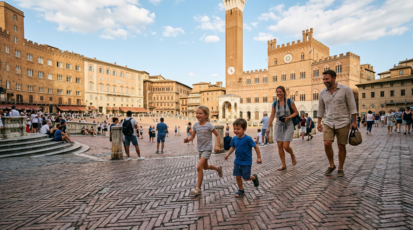 Piazza del Campo a Siena con la torre del Mangia sullo sfondo