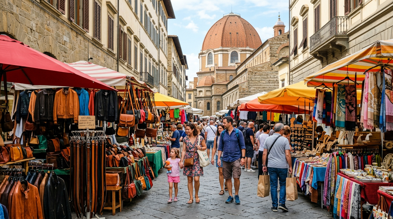 Il mercato di San Lorenzo a Firenze con banchi di cuoio e turisti