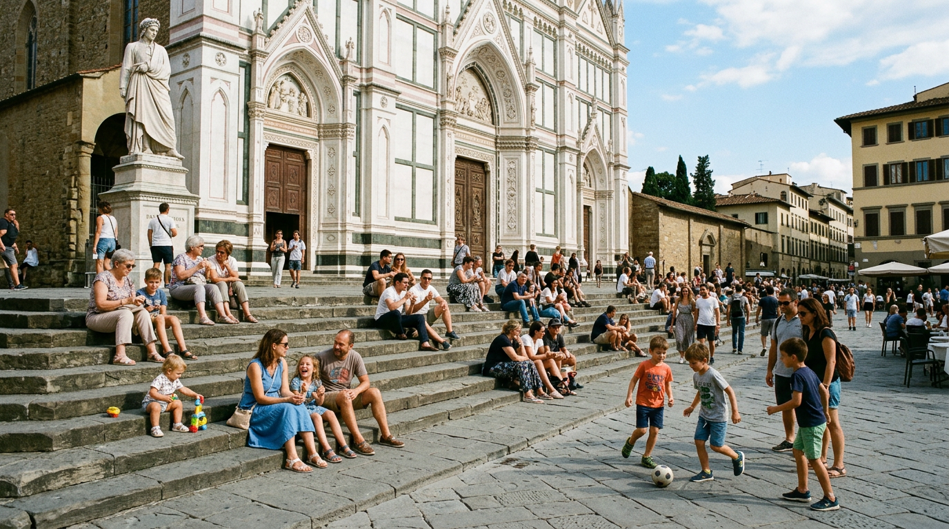 La facciata della Basilica di Santa Croce a Firenze con la piazza davanti
