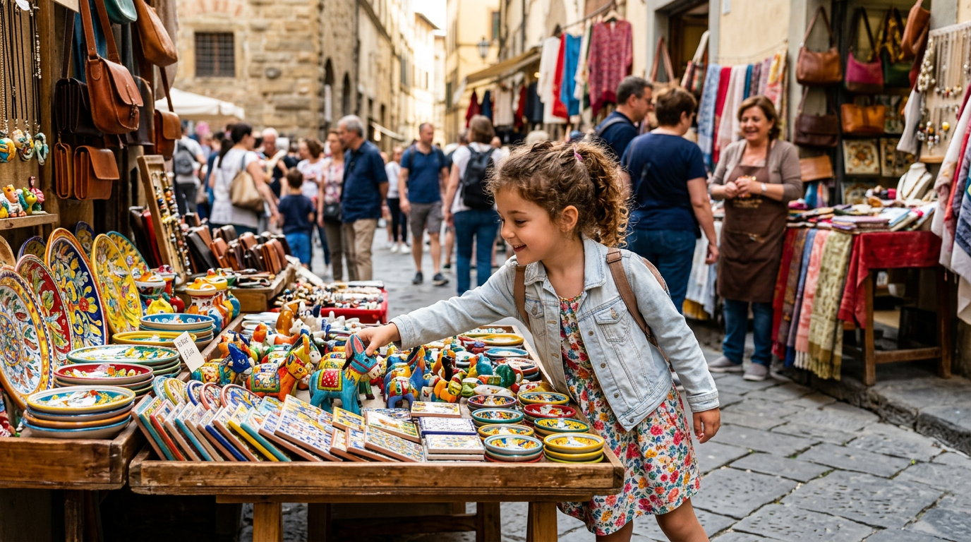 Piccoli oggetti artigianali fiorentini su un banco: taccuini, ceramiche e giocattoli