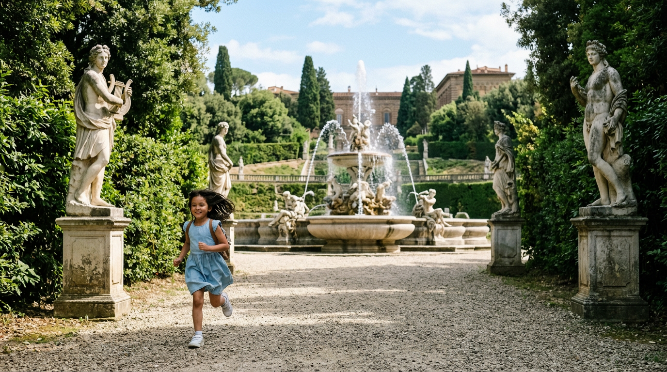 Famiglia con bambini che passeggia nel Giardino di Boboli a Firenze