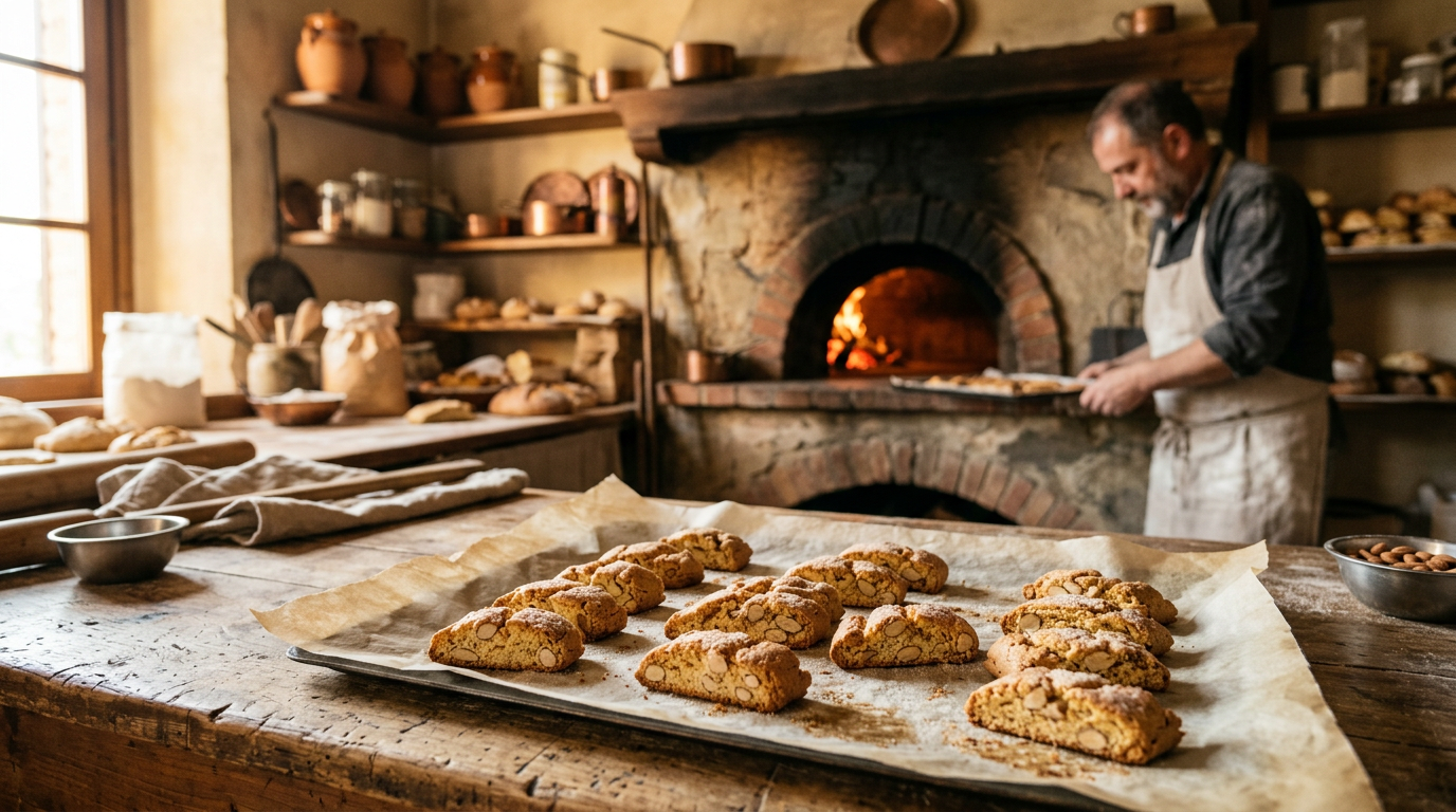 Cantuccini alle mandorle artigianali su carta da forno con vin santo in un bicchiere