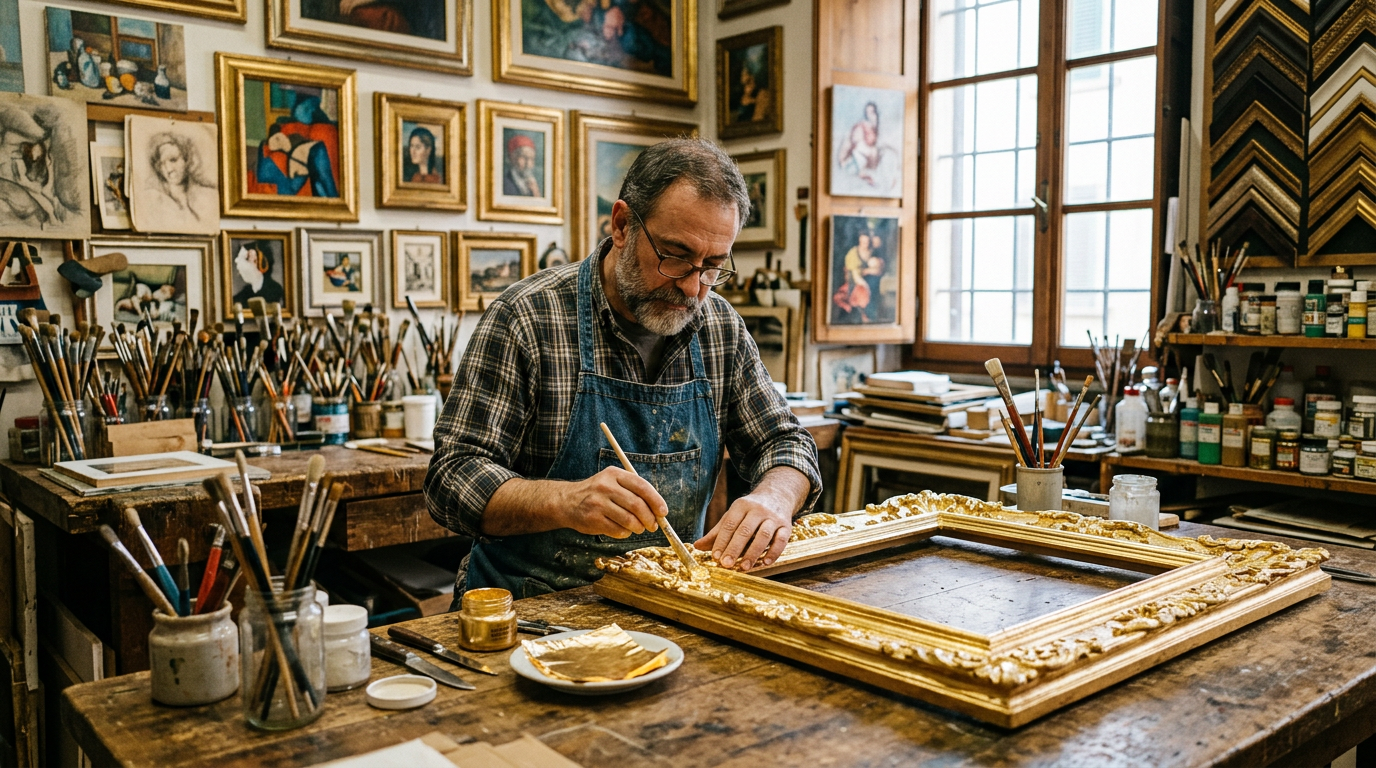Bottega di cornicciaio fiorentino con cornici dorate in lavorazione e fogli di oro zecchino