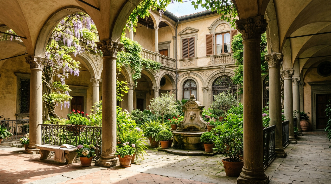Cortile rinascimentale di un palazzo storico dell'Oltrarno con colonne e loggiato