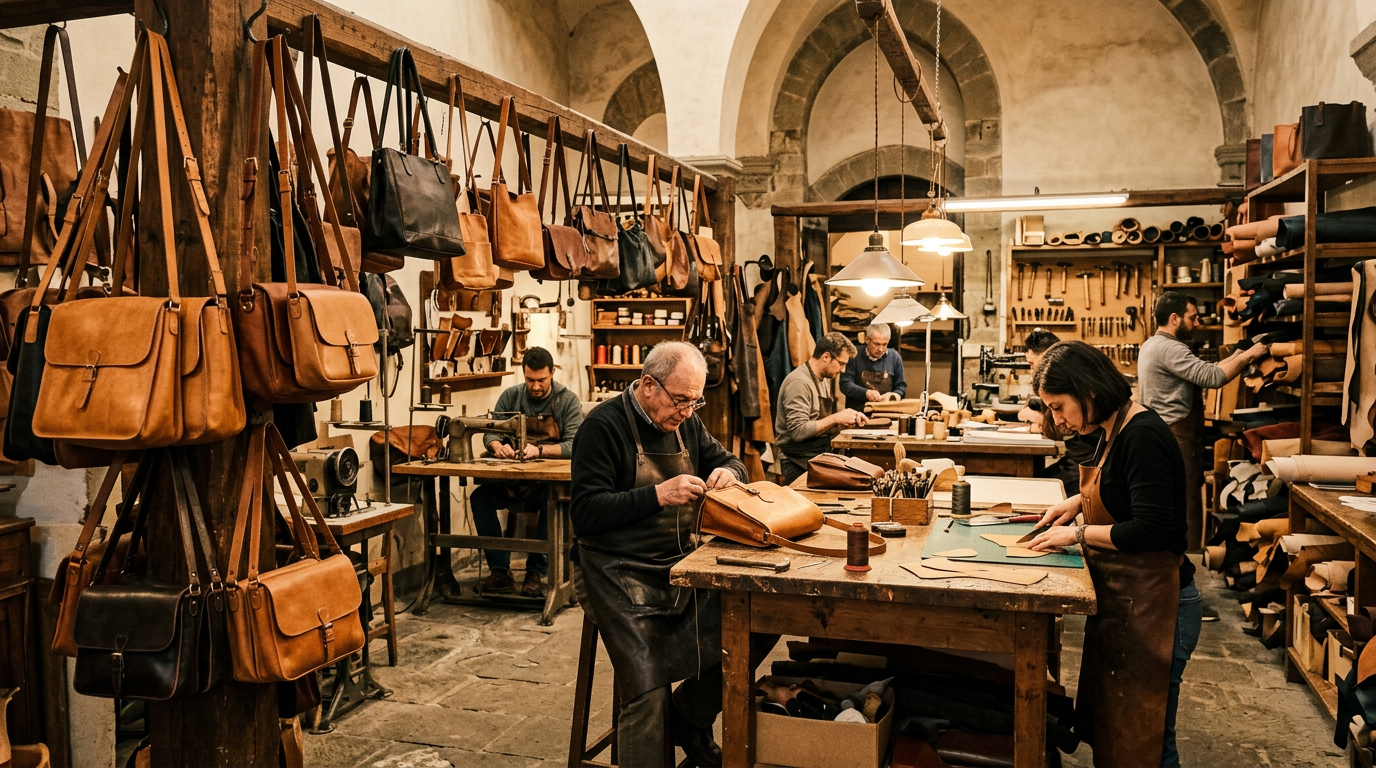 Artigiano che lavora il cuoio nella sua bottega dell'Oltrarno di Firenze