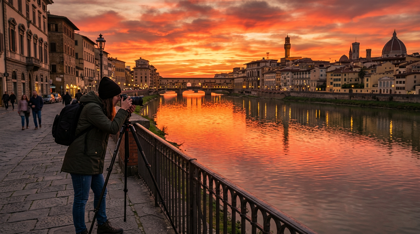 Veduta dell'Oltrarno di Firenze all'alba dal Piazzale Michelangelo con la nebbia