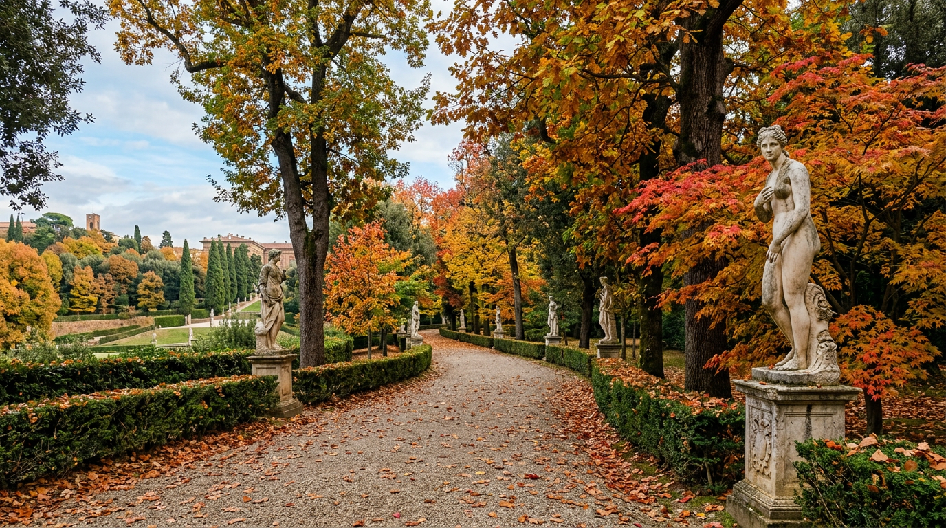 Viale del Giardino di Boboli con cipressi e statua in primo piano