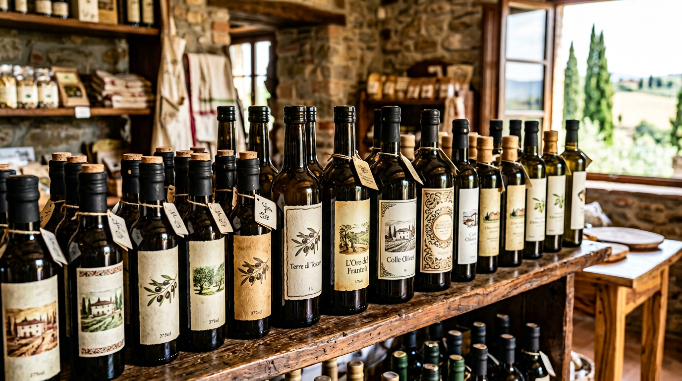 Bottiglie di olio extravergine toscano con etichette artigianali in un negozio di Firenze
