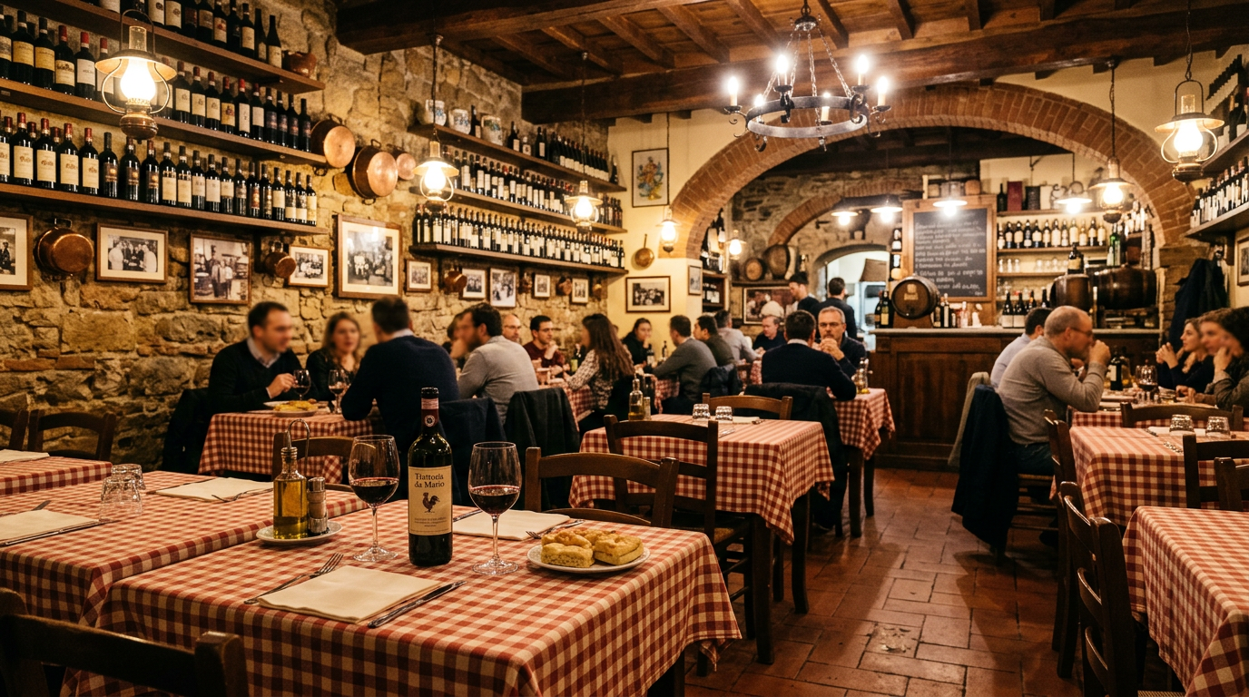 Interno di una vecchia osteria fiorentina con tavolini in legno e bottiglie in fila