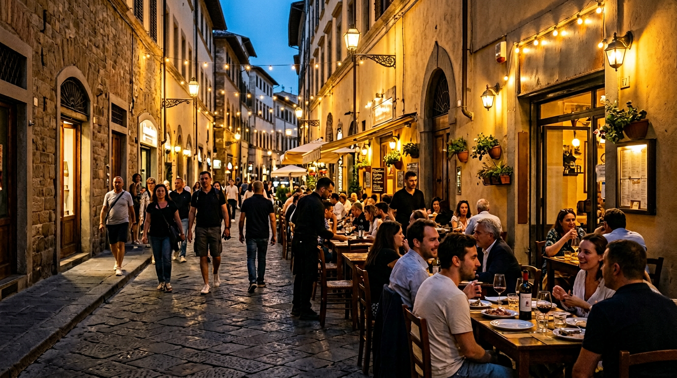 Piazza Santo Spirito di sera con i tavolini dei bar e la facciata della basilica