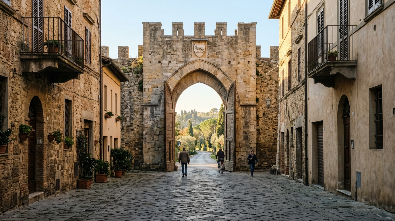 Porta Romana a Firenze con l'arco medievale e viale alberato