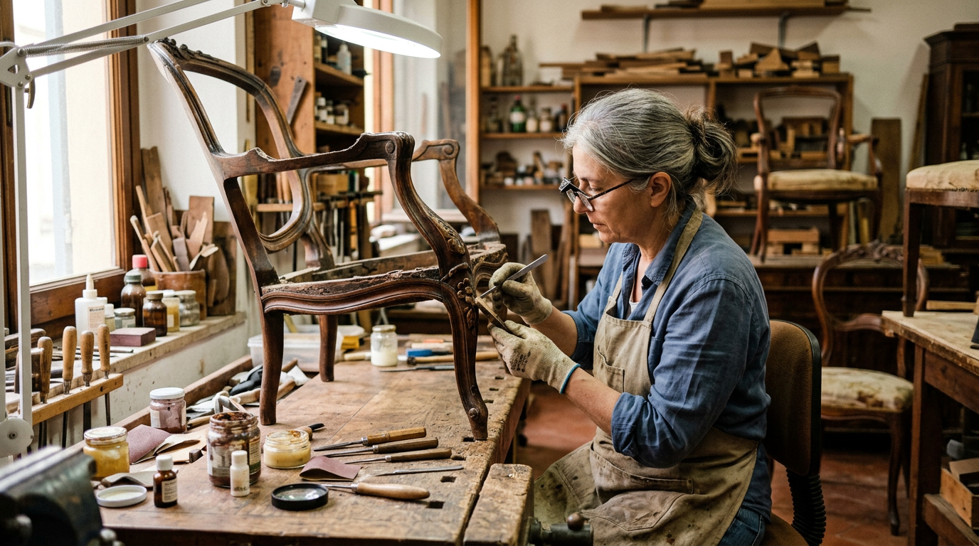 Laboratorio di restauro fiorentino con mobili antichi, strumenti e materiali di lavoro