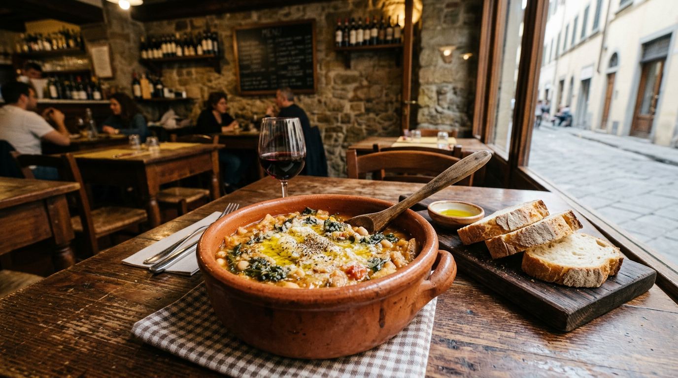 Ciotola di ribollita toscana con filo d'olio extravergine e cavolo nero