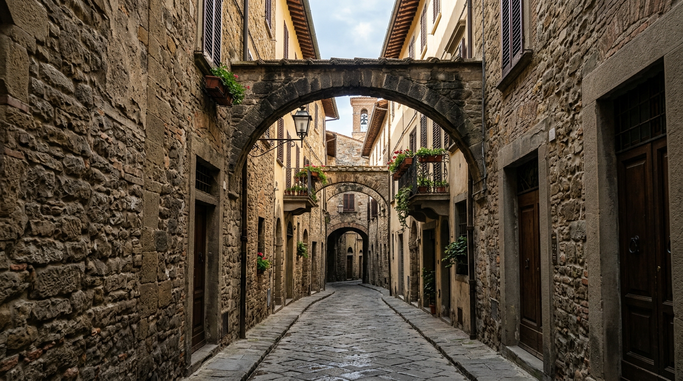 Via stretta nel centro storico di Firenze con palazzi medievali