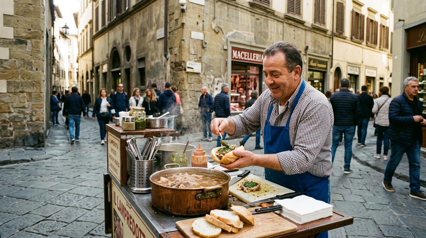 Lampredottaio fiorentino con il suo carretto nei mercati storici di Firenze