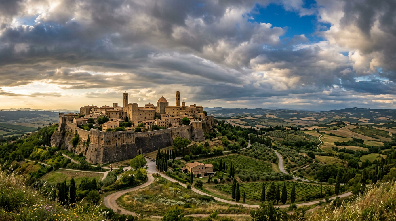 Panorama di Volterra con le mura etrusche e le torri medievali