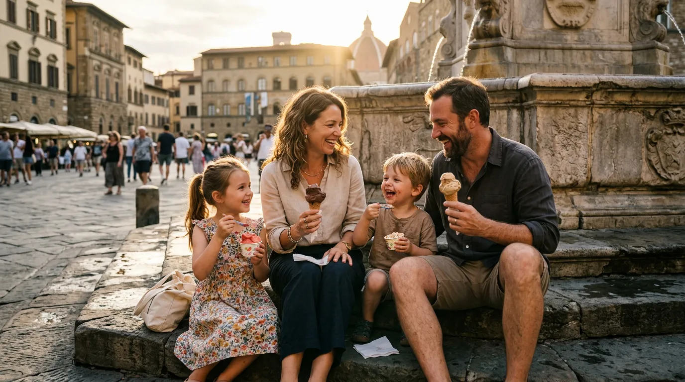 Bambini in piazza della Repubblica a Firenze con giostre e bancarelle