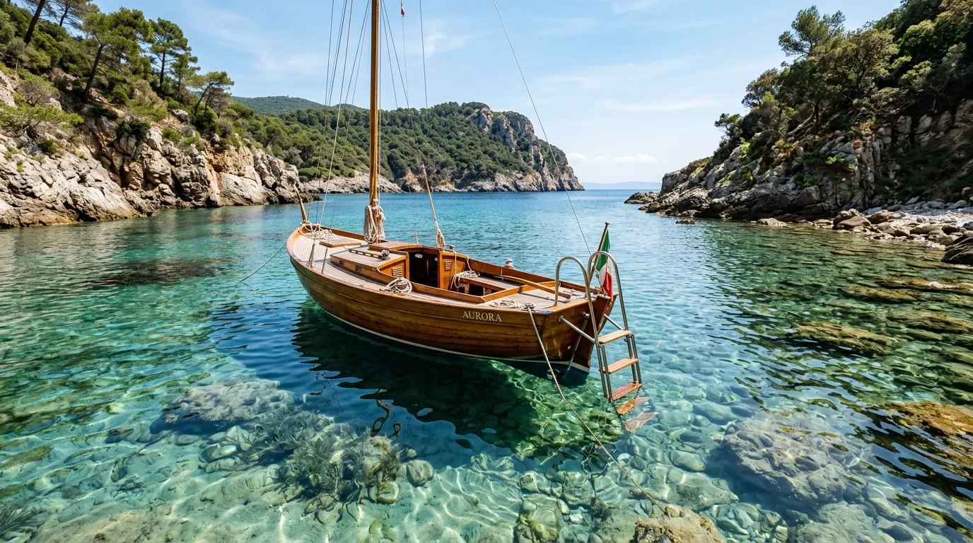 Barca a vela ormeggiata al porto di Porto Santo Stefano con l'Argentario sullo sfondo