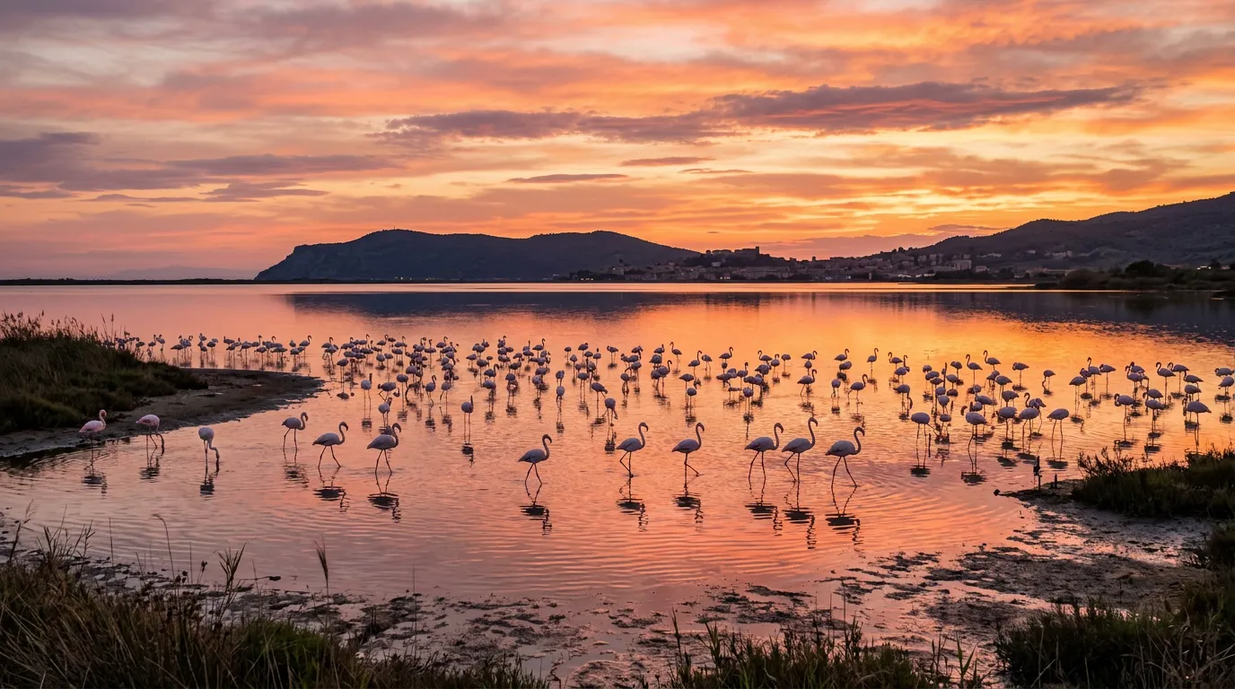 Fenicotteri rosa nella laguna di Orbetello con il tramonto sullo sfondo