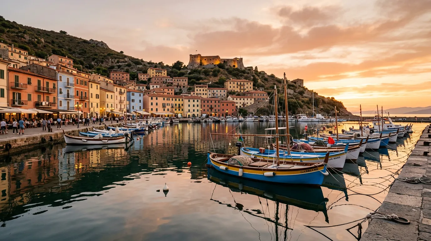 Porto Ercole con le case colorate che degradano verso il porto e le fortezze spagnole