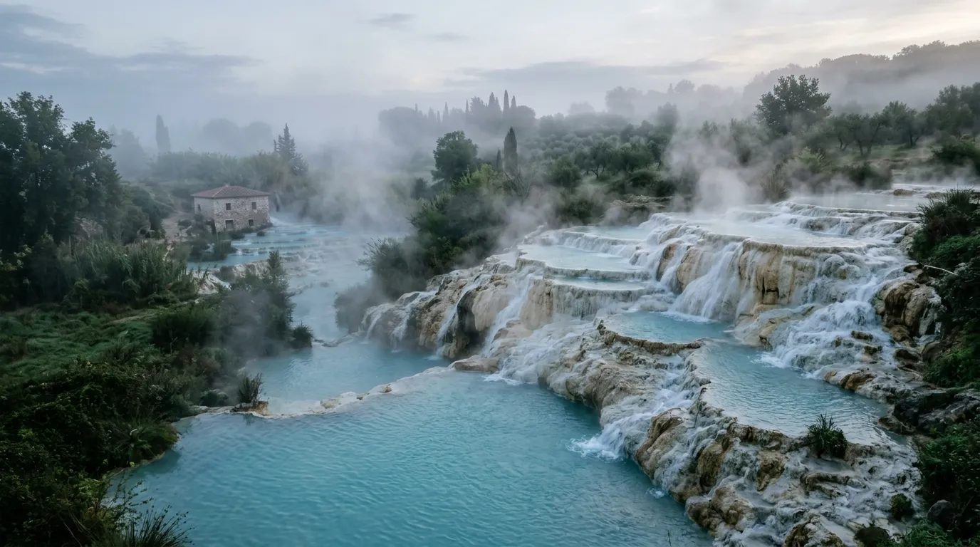 Vasche naturali delle Terme di Saturnia con acqua sulfurea e paesaggio maremmano