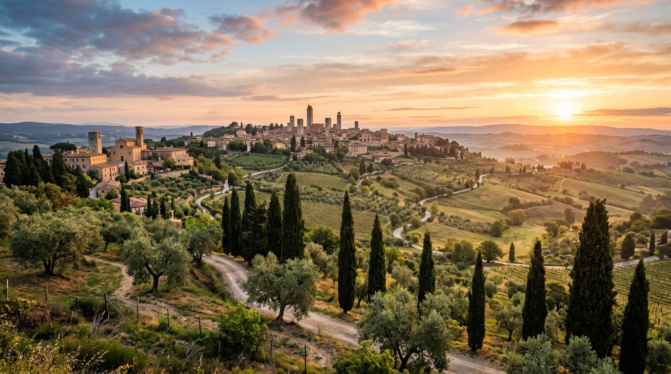 Paesaggio dei borghi intorno a Barberino Val d'Elsa con colline e cipressi in Toscana