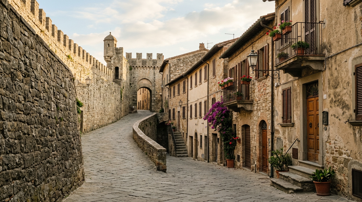 Centro storico di Barberino Val d'Elsa con le mura medievali e la porta principale