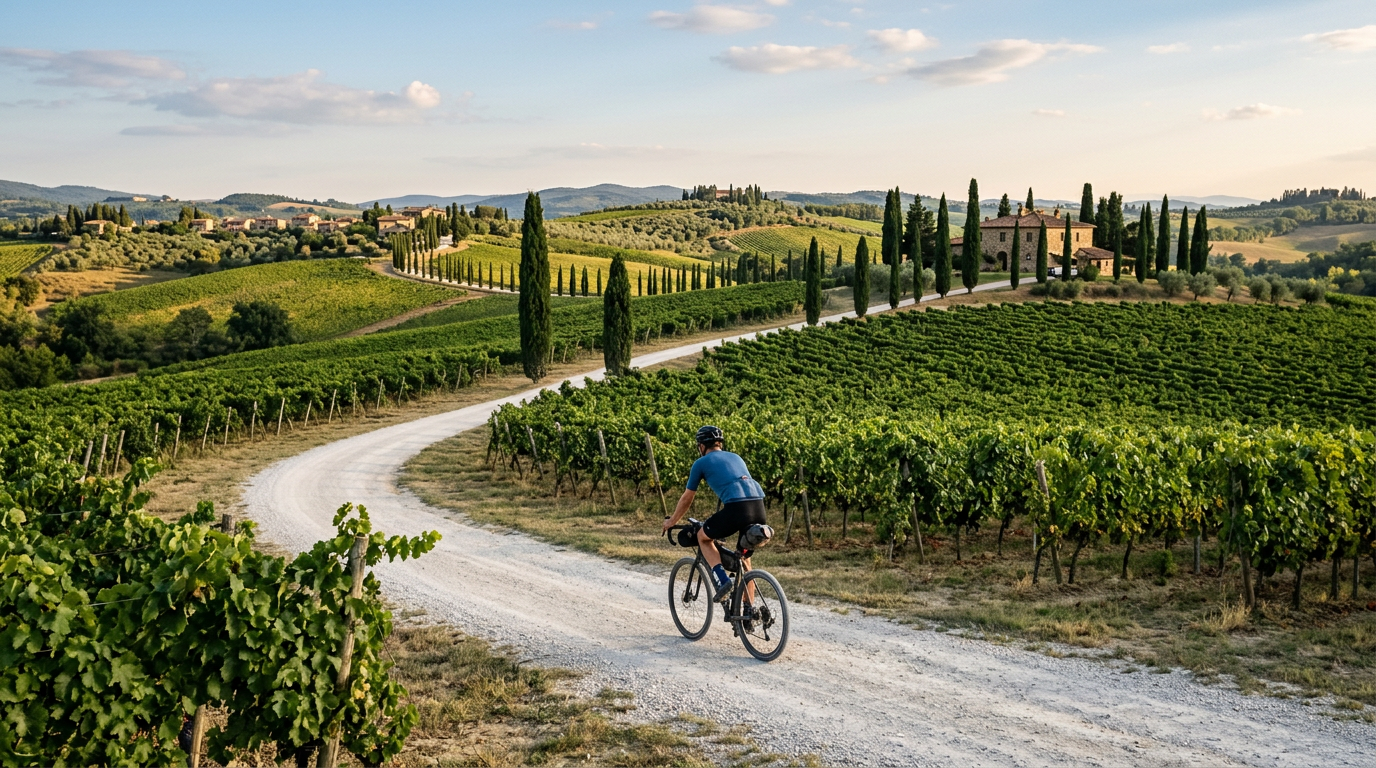 Ciclista su strada bianca tra vigneti del Chianti in autunno