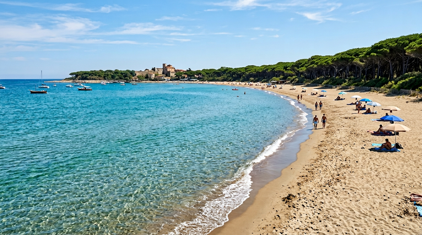 Spiaggia di Castiglione della Pescaia con acqua cristallina e pini marittimi
