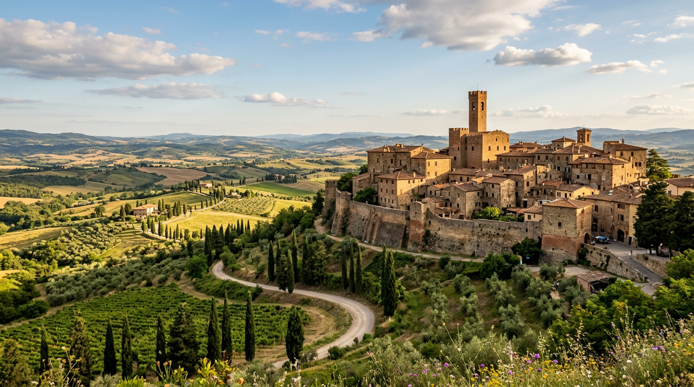 Certaldo Alto con le torri medievali e il borgo in mattoni rossi
