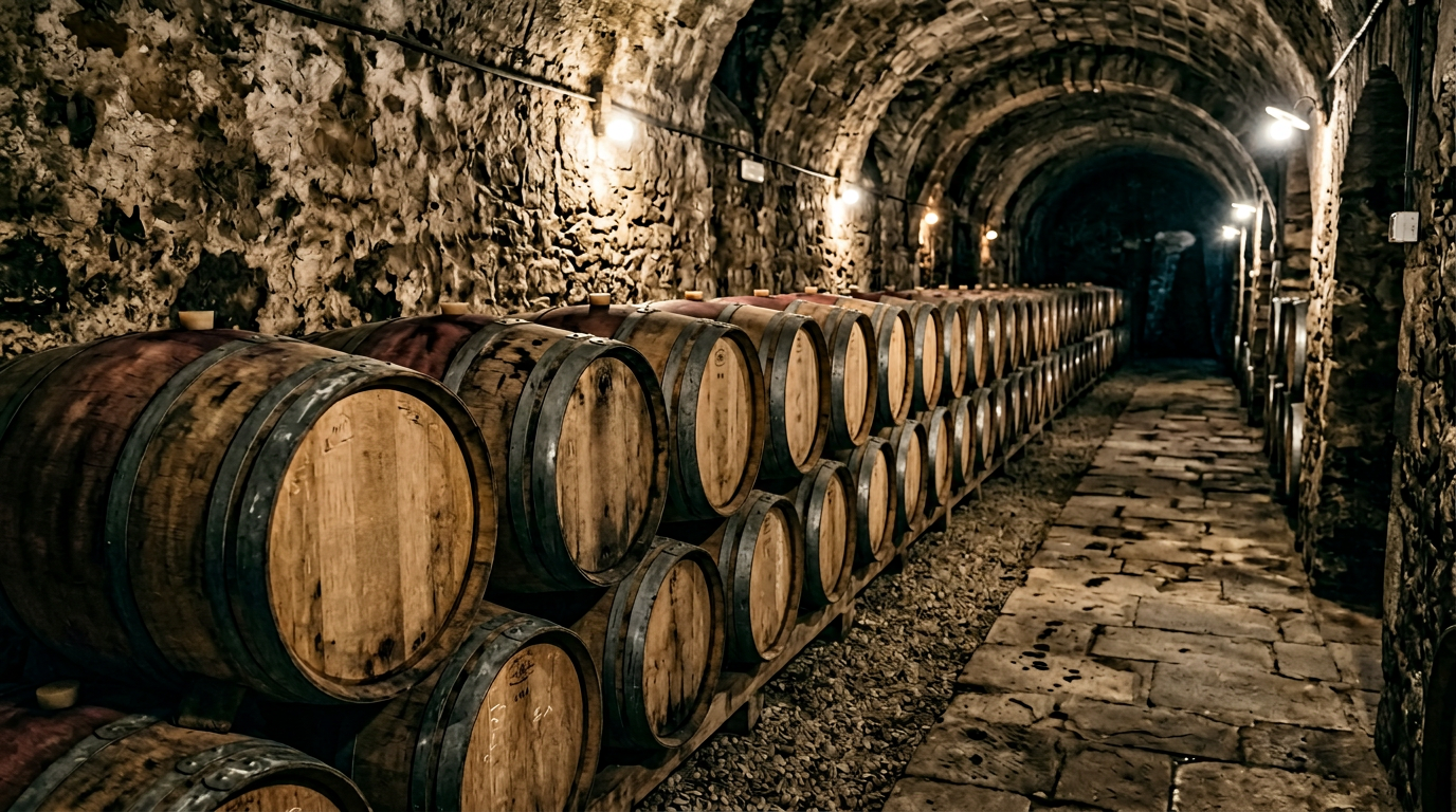 Cantina del Chianti Classico con botti di rovere e vigneti sullo sfondo in autunno
