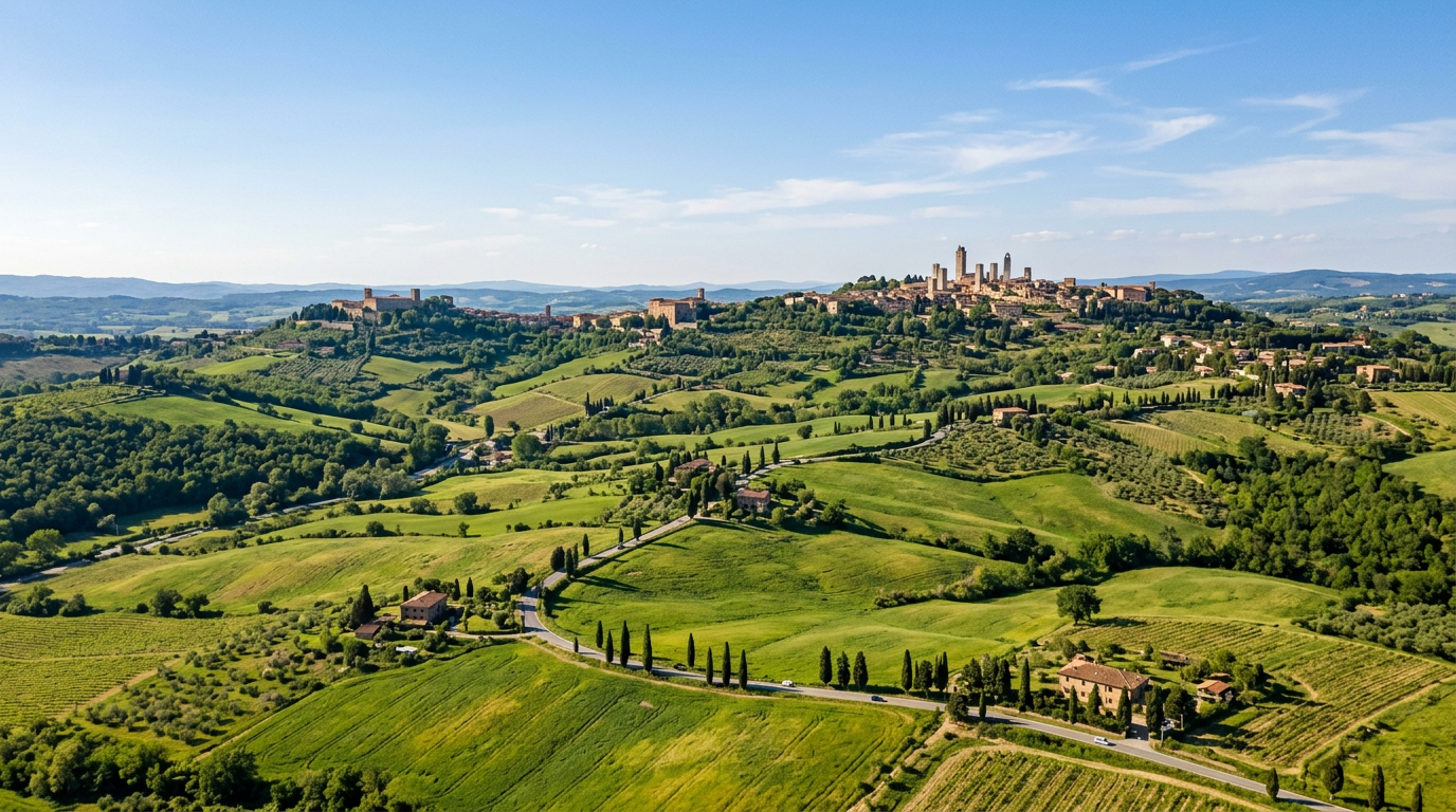 Paesaggio della Val d'Elsa con colline, vigneti e borghi medievali in lontananza