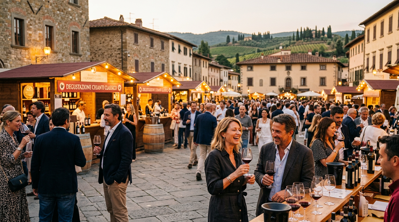 Cantina aperta nel Chianti durante un evento estivo con visitatori