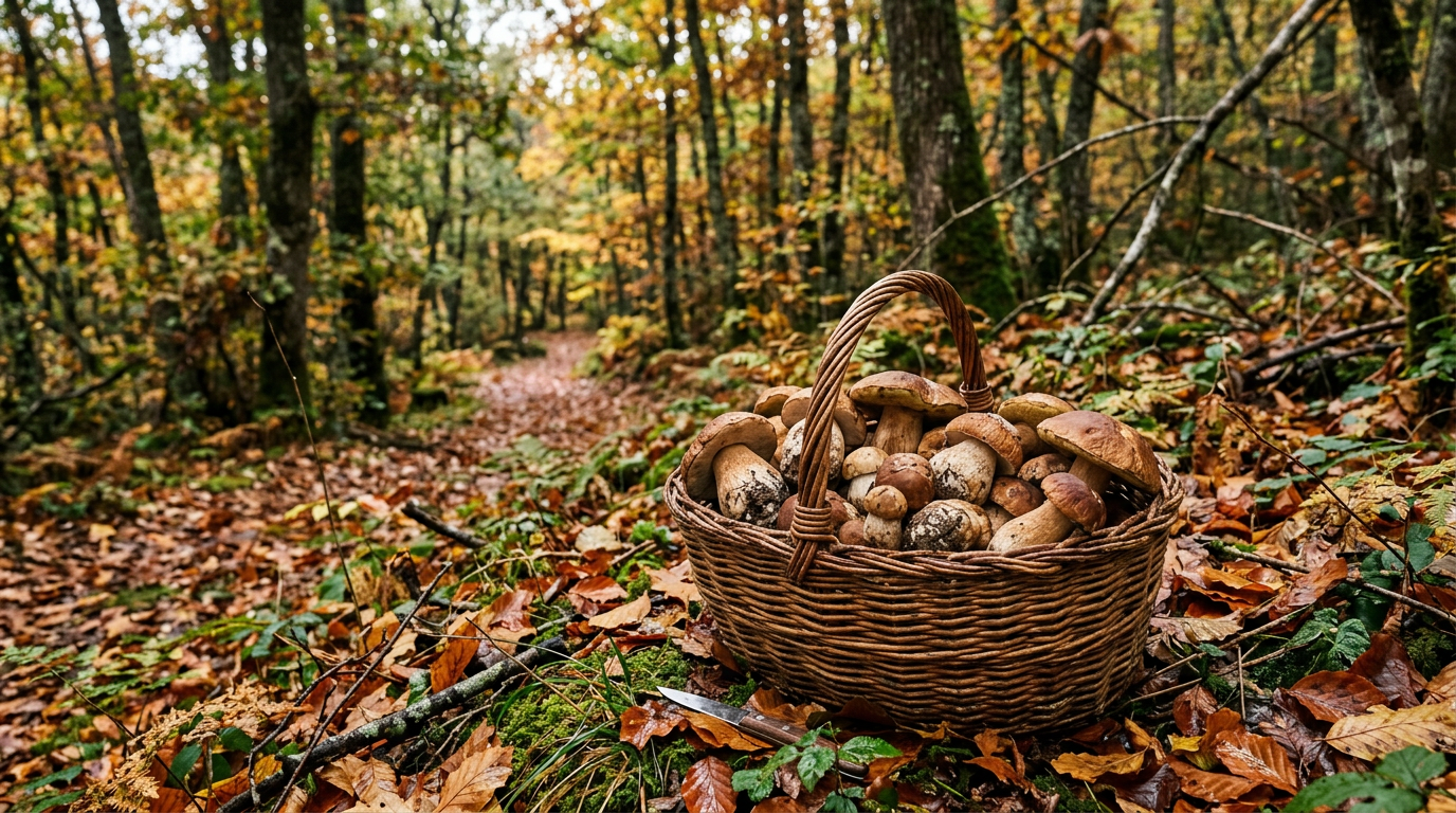 Funghi porcini appena raccolti in un bosco di faggi toscano