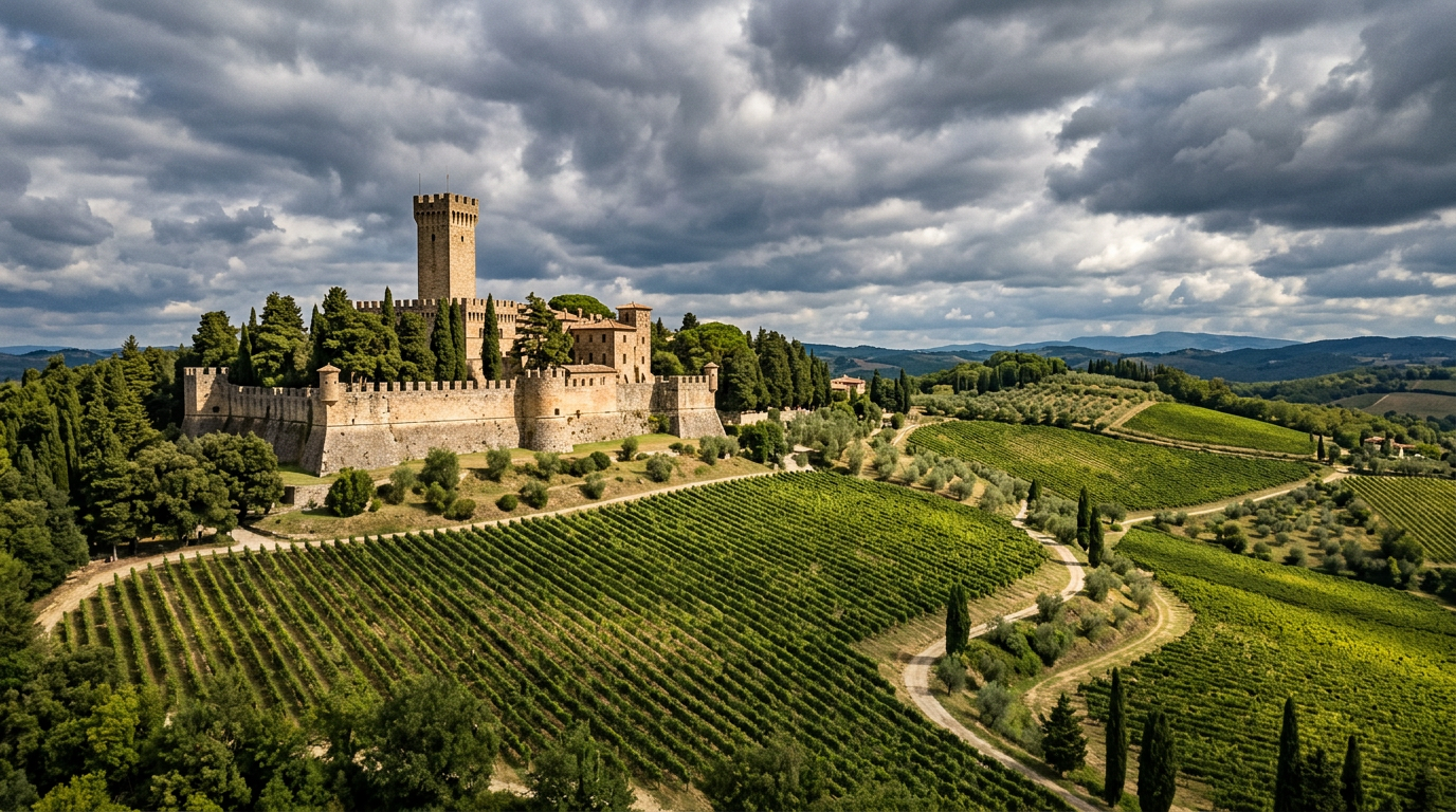 Castello di Brolio a Gaiole in Chianti con la torre medievale e i vigneti