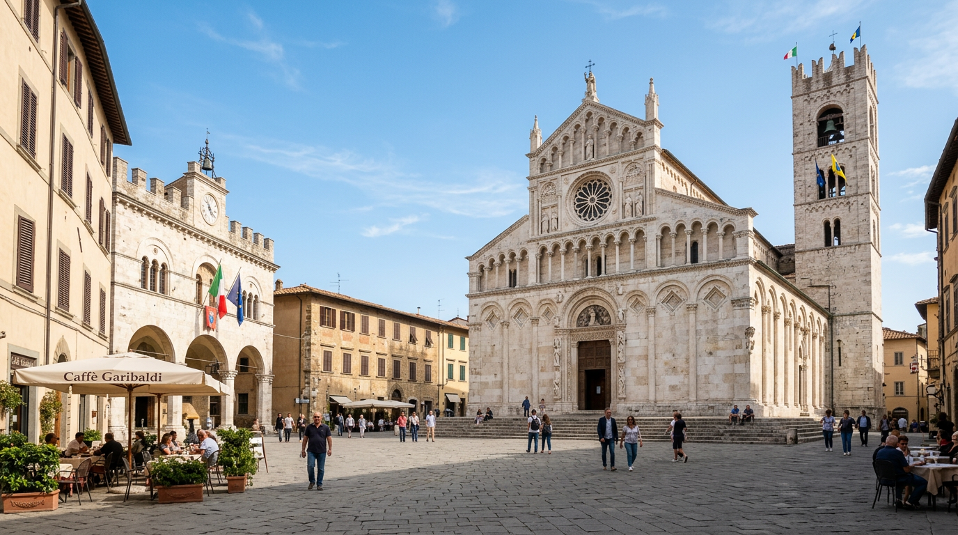 Piazza Garibaldi di Massa Marittima con il Duomo romanico in travertino