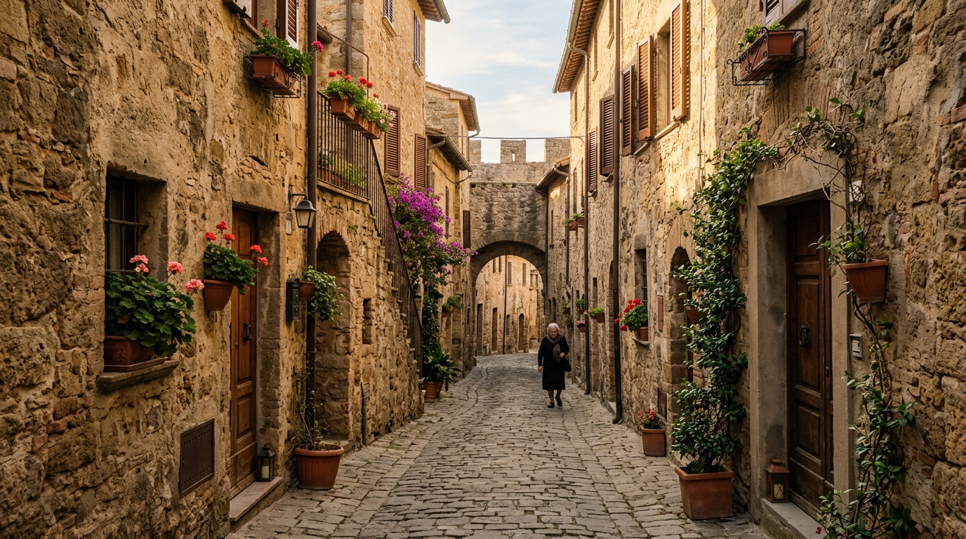 Mura medievali di Monticchiello con vista sulla Val d'Orcia