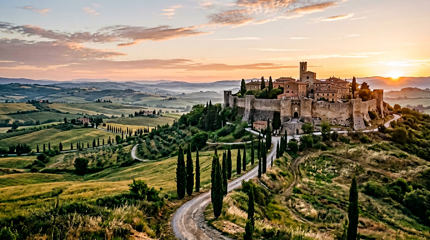 Veduta aerea di Monticchiello con le mura medievali intatte nella Val d'Orcia