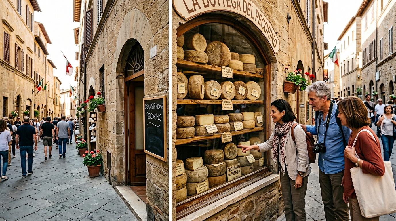 Forme di pecorino di Pienza nelle botteghe del corso principale