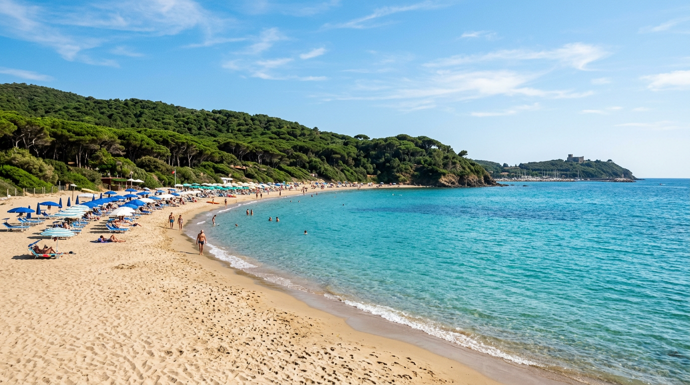 Spiaggia di Punta Ala con mare cristallino e pineta sullo sfondo