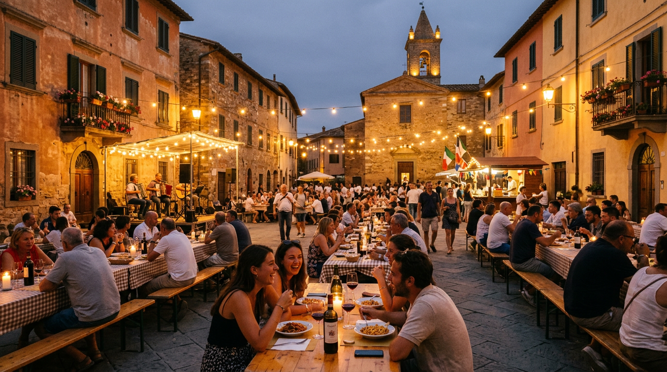 Stand gastronomico di una sagra in un borgo della Val d'Elsa
